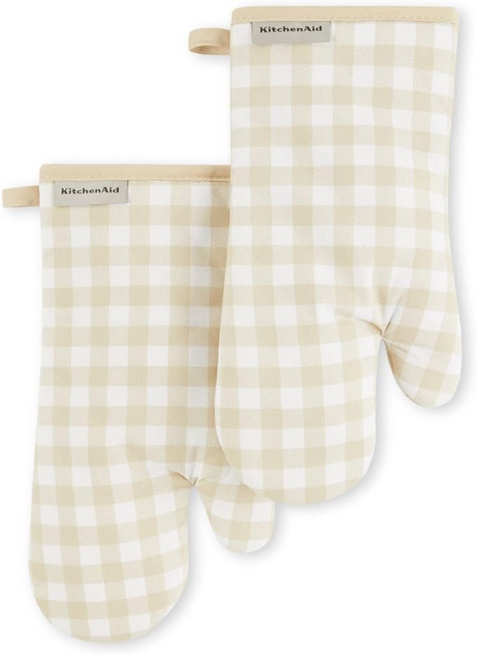 KitchenAid Gingham Oven Mitt 2-Pack Set, Milkshake, 7"x13" by KitchenAid