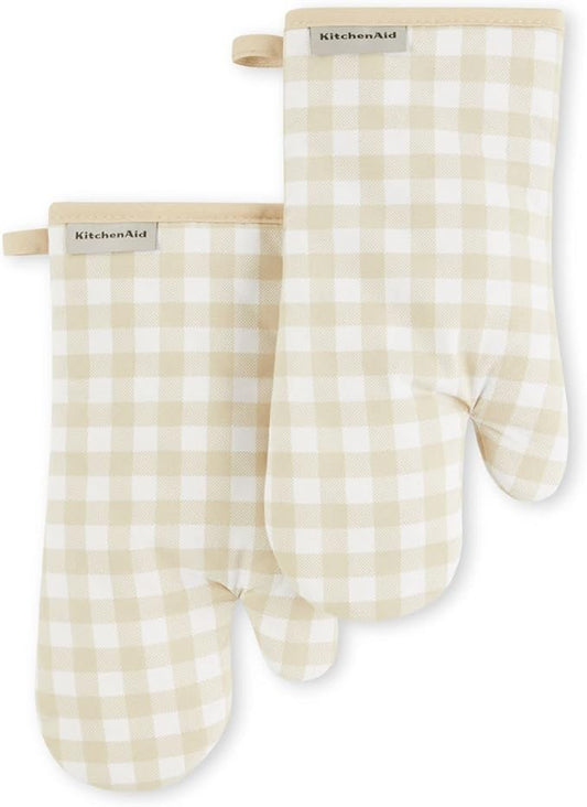 KitchenAid Gingham Oven Mitt 2-Pack Set, Milkshake, 7"x13" by KitchenAid