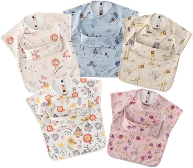Waterproof Baby Bibs,Infant Toddler Extra Cover Feeding Bib With Food Catcher,Easy Clean & Washable