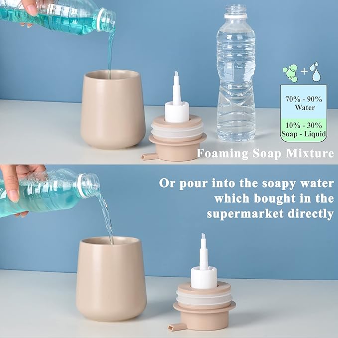 Bosilunlife Ceramic Foaming Soap Dispenser - 12Oz Bathroom Countertop Kitchen Dish Soap Pump Dispenser Foam Soap Dispenser - Khaki