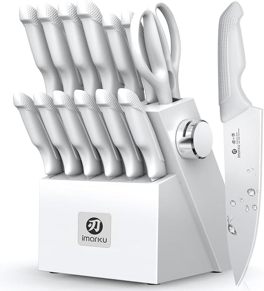 imarku Kitchen Knife Set, Japanese Knives Set for Kitchen, Stainless Steel Knife Set with Block, Kitchen Gadgets, White, Anti-Slip Handle, Dishwasher Safe, Gift for Women by imarku