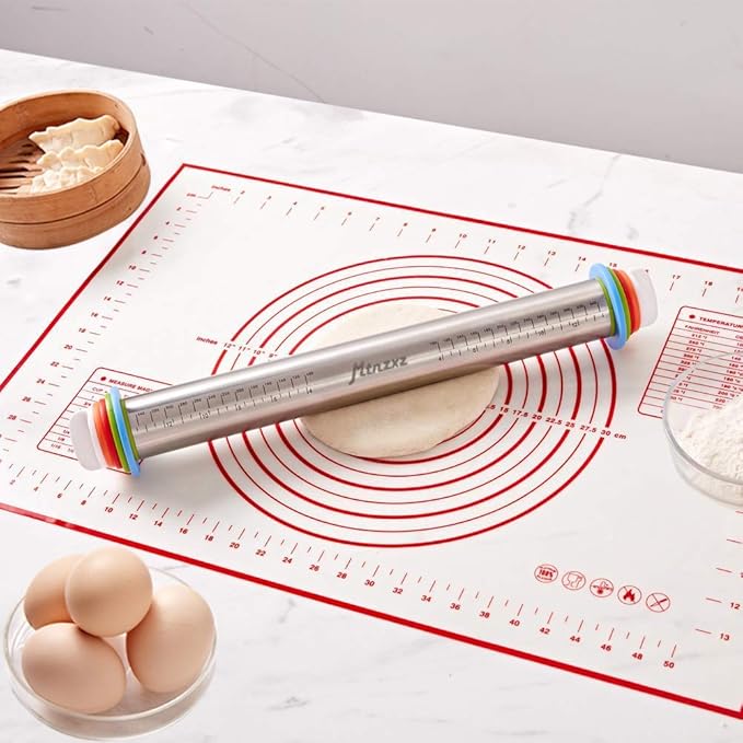 Rolling Pin and Silicone Baking Pastry Mat Set, Stainless Steel Dough Roller, Rolling Pins with Adjustable Thickness Rings, for Baking Fondant, Pizza, Pie, Pastries, Pasta, Cookies - Image 8