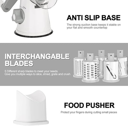 Cambom 5 in 1 Rotary Cheese Grater Hand Crank Cheese Shredder for Fresh Cheese, Vegetable, Nuts,Non-slip Suction Base, Five Blades, White - Image 7