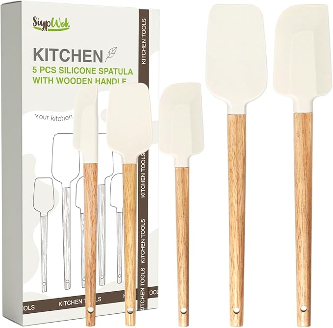 Silicone Spatula Set, Food Grade Rubber Spatula-5 Piece Nonstick Rubber Spatulas, Spoonula, Jar Scraper for Cooking, Baking, Mixing, Frosting - Heat Resistant Up to 600°F (5 Pcs Off-White) by HighQualityKitchenAccessory
