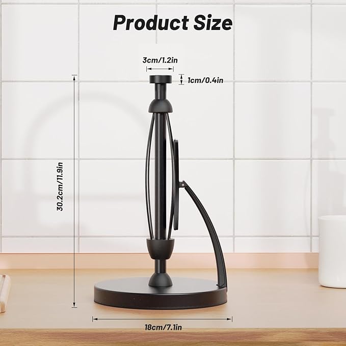 VEHHE Paper Towel Holder Countertop, One-Handed Tear, Stainless Steel, Stand Paper Towel Holder with Spring Activated Arm & Non Slip Weighted Base, for Kitchen Bathroom (Black) - Image 5