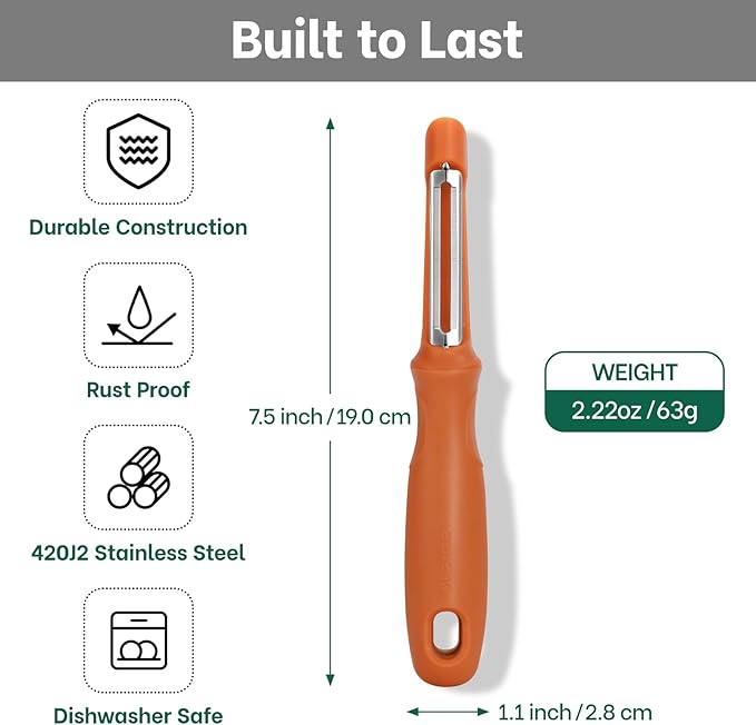 Beneno Swivel Vegetable Peeler, Razor-Sharp Smooth Peeling Potato Peelers with Stainless Steel Blades, Ergonomic Comfort Non-Slip Rubber Handle, Durable Kitchen Peelers with Potato Eye Remover, Orange - Image 2