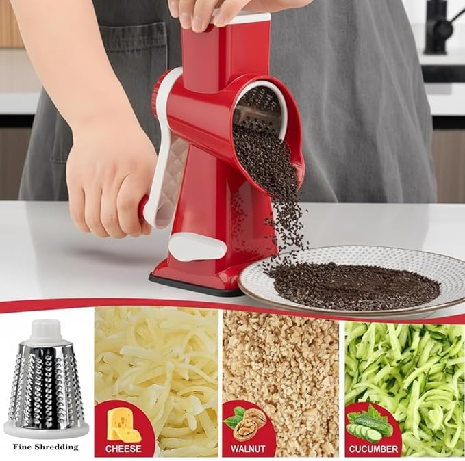 YOUCZON Rotary Cheese Grater Multi-Purpose Stainless Steel Cheese Shredder - Cheese Grater With Handle Effortless Grating of Carrots, Potatoes, Vegetables, and Fruits (Red) - Image 4