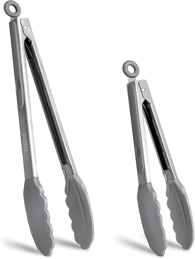 Tongs for Cooking, 600ºF High Heat-Resistant Stainless Steel Kitchen Tongs with Silicone Tips, Non Scratch, Locking Tong for BBQ Grilling Air Fryer Food Salads, Set of 2 (9" and 12") Light Grey by EEKEDO