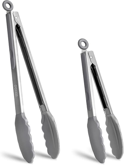 Tongs for Cooking, 600ºF High Heat-Resistant Stainless Steel Kitchen Tongs with Silicone Tips, Non Scratch, Locking Tong for BBQ Grilling Air Fryer Food Salads, Set of 2 (9" and 12") Light Grey by EEKEDO
