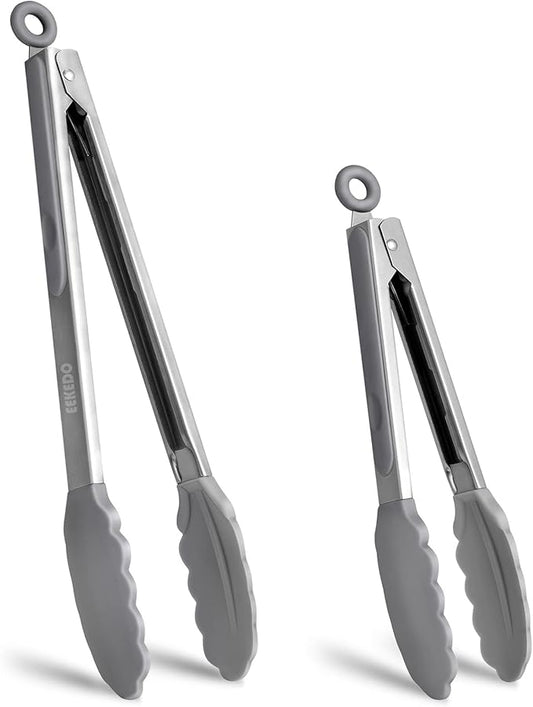 Tongs for Cooking, 600ºF High Heat-Resistant Stainless Steel Kitchen Tongs with Silicone Tips, Non Scratch, Locking Tong for BBQ Grilling Air Fryer Food Salads, Set of 2 (9" and 12") Light Grey by EEKEDO