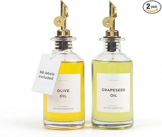 Spaceneat Oil Dispenser for Kitchen - Glass Olive Oil Bottle Set of 2 (11.8oz) with Gold Weighted Self-Closing Pourer - Cooking Oil Dispenser with 66 Labels, Aligner & Funnel
