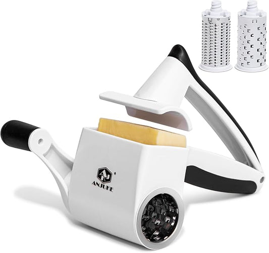 Rotary Cheese Grater Hand Crank - Heavy Duty Manual Shredder with 2 Stainless Steel Drums (Fine & Coarse), Non-Slip Handle, Dishwasher Safe for Parmesan, Chocolate, Nuts & Veggies