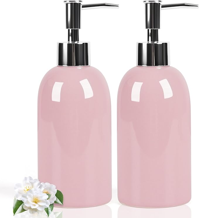 Natheeph 14OZ Ceramic Soap Dispenser Ceramic Soap Pump Dispenser Can Fill Liquid for Bathroom/Kitchen (2PC Pink) by Natheeph