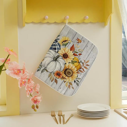 Fall Dish Drying Mat 18 x 24 Inch Thanksgiving Sunflower Pumpkin Drying Mat for Kitchen Counter Absorbent Farmhouse Harvest Autumn Maple Leaf Dishes Dry Pad for Drainer Rack Kitchen Fast Dry