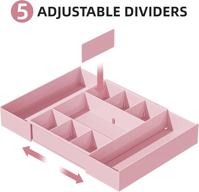 Marbrasse Expandable Desk Drawer Organizer, Clear Plastic Drawer Organizer Tray with 10 Adjustable Compartments, Desk Organizers and Accessories, 5 Drawer Dividers for Office Supplies, Makeup (Pink) - Image 5