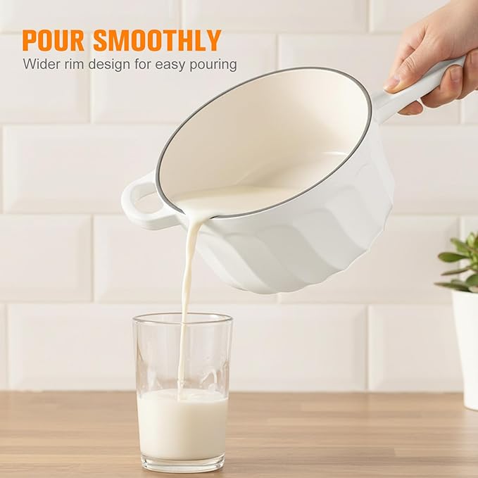 Enameled Cast Iron Sauce Pan, 2 Quart Saucepan with Lid, Small Cast Iron Pot Enamel Saucepan for Cooking Pasta Sauce, Gravy, Puddings, Marinate, Boiling (White)