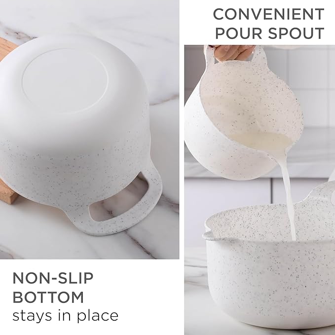 COOK WITH COLOR Nesting Plastic Mixing Bowl Set with Pour Spouts and Handles and Non Slip Bottom, Speckled White, 4 Piece - Image 3