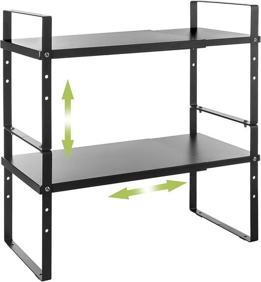 Across-Star Expandable Cabinet Shelf Organizer Rack, Stackable Kitchen Counter Storage Shelves Stand, Adjustable Height Pantry Shelf Spice Rack (Black, 2 Pack) by Acorss-Star