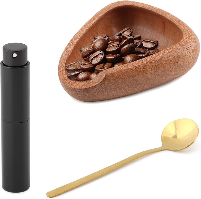 Coffee Bean Dosing Cup,Wood/Ceramic Coffee Dosing Tray Coffees Bean Weighing Tray Weigh Coffees Beans Container,with Spray Bottle Measuring Spoon For Coffe e Or Tea by Unknown