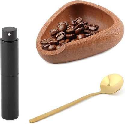 Coffee Bean Dosing Cup,Wood/Ceramic Coffee Dosing Tray Coffees Bean Weighing Tray Weigh Coffees Beans Container,with Spray Bottle Measuring Spoon For Coffe e Or Tea by Unknown