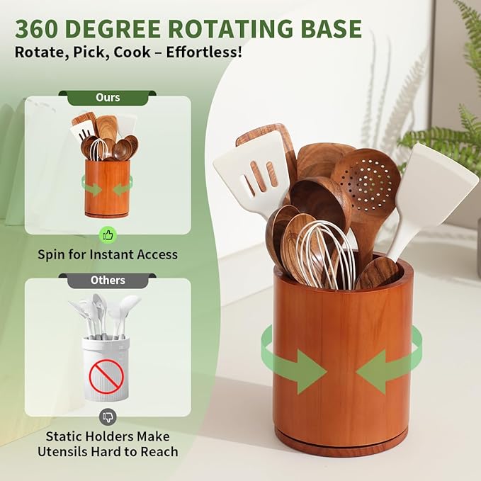 Wooden Utensil Holder, 360°Rotating 7.3'' Large Utensil Holder for Kitchen Counter, Kitchen Utensil Organizer, Utensil Crock, Farmhouse Kitchens Countertop Decor, Cherry-finish - Image 3