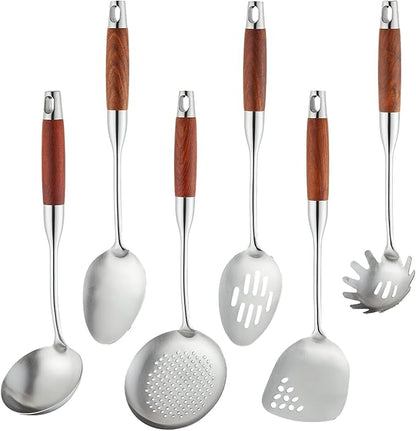 Izurok 18/10 Stainless Steel Kitchen Utensils Set,6 Piece Cooking Utensils With Wood Handle,Heat Resistant Kitchen Tool Set With Spatula, Spoon, Ladle, Skimmer, Slotted Spoon, Pasta by IzurokBuynow