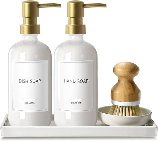 GMISUN Kitchen Soap Dispenser, 16 Oz Kitchen Dish Soap Dispenser Set with Ceramic Tray & Bamboo Brush, 2Pcs Farmhouse Dish Soap Dispenser for Kitchen, Modern White Glass Liquid Hand Soap Dispenser by GMISUN