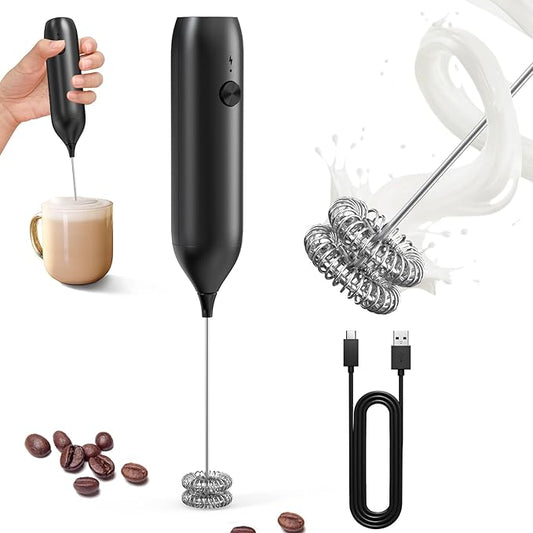 CIRCLE JOY Rechargeable Milk Frother Handheld, Coffee Frother Wand Drink Mixer with Stainless Steel Whisk for Coffee, Cappuccino, Lattes, Frappe, Matcha and Hot Chocolate, Black by CIRCLEJOY