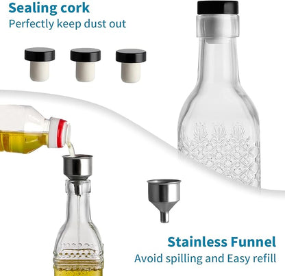 MDLUU Oil and Vinegar Dispenser Set, 17oz Clear Glass Olive Oil Bottles, Kitchen Vinegar Decanters with 3 Spouts, 3 Plugs, 1 Funnel, Pack of 3 - Image 5