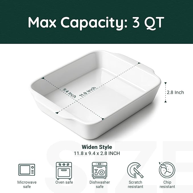HOMBENE 3 QT Wide Ceramic Baking Dish, White Casserole Dish with, Lasagna Pan for Oven, Ceramic Baking Pan, Kitchen Decor, Microwave Oven Safe, Dinner, Wedding (9.4" x 11.8") - Image 2