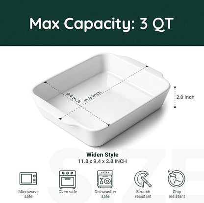 HOMBENE 3 QT Wide Ceramic Baking Dish, White Casserole Dish with, Lasagna Pan for Oven, Ceramic Baking Pan, Kitchen Decor, Microwave Oven Safe, Dinner, Wedding (9.4" x 11.8") - Image 2