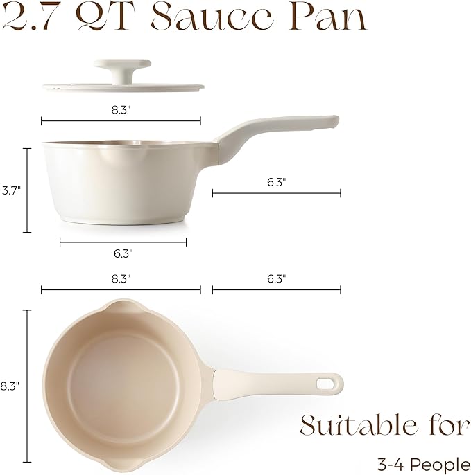 PRICUSIS Ceramic Nonstick Saucepan with Lid, 2.7 Quart Non Toxic Pot with Pour Spouts, Full Coated, 100% Dishwasher Safe, Induction Compatible & Oven Safe, PTFE PFAS & PFOA Free, Coconut White - Image 8