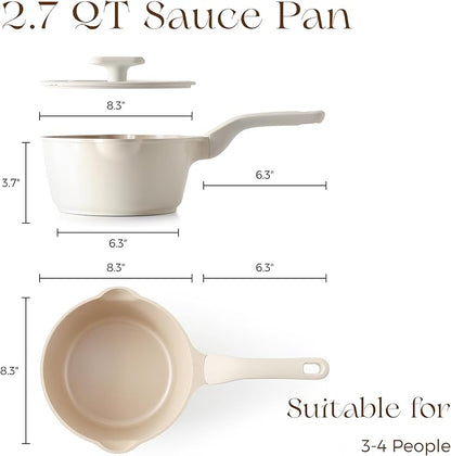 PRICUSIS Ceramic Nonstick Saucepan with Lid, 2.7 Quart Non Toxic Pot with Pour Spouts, Full Coated, 100% Dishwasher Safe, Induction Compatible & Oven Safe, PTFE PFAS & PFOA Free, Coconut White - Image 8