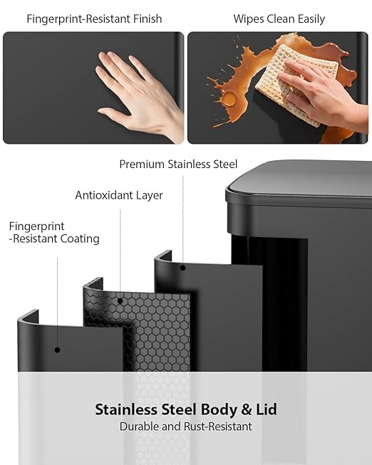 Lovewind Double Trash Can Kitchen, 13+5.5 Gallon Stainless Steel Dual Trash and Recycle Bin Combo with Silent Close Lid, Heavy-Duty Foot Pedal, Easy to Clean Garbage Can for Large Families, Black