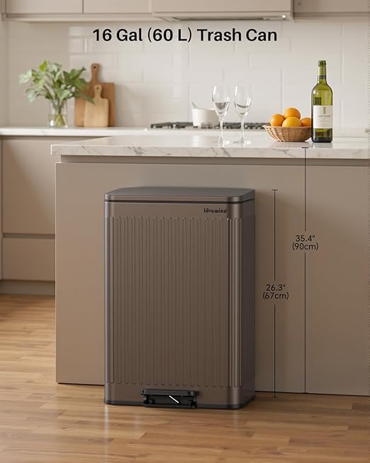 Lovewind 60 Liter/ 16 Gallon Stainless Steel Trash Can with Soft-Close Lid, Large Footstep Garbage Can with Roman Texture, Removable Inner Buckets, Recycling Bin for Kitchen Office, Brown