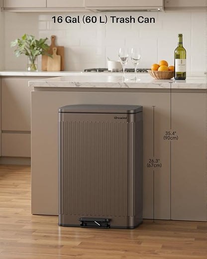 Lovewind 60 Liter/ 16 Gallon Stainless Steel Trash Can with Soft-Close Lid, Large Footstep Garbage Can with Roman Texture, Removable Inner Buckets, Recycling Bin for Kitchen Office, Brown