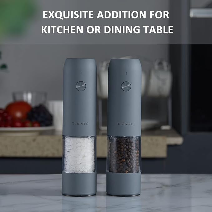 TLYSXPRO Electric Salt and Pepper Grinder Set with USB Rechargeable, Automatic One Hand Operation with Adjustable Coarseness, Pepper Mill Grinder Refillable with LED Light (2 Packs, Blue-Grey) - Image 7
