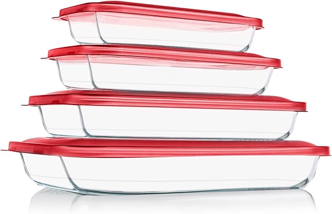 KOMUEE 8 Pieces Glass Baking Dish with Lids Rectangular Glass Baking Pan Bakeware Set with BPA Free Lids, Baking Pans for Lasagna, Leftovers, Cooking, Kitchen, Fridge-to-Oven, Red by KOMUEEUS