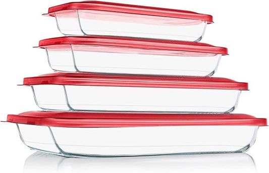 KOMUEE 8 Pieces Glass Baking Dish with Lids Rectangular Glass Baking Pan Bakeware Set with BPA Free Lids, Baking Pans for Lasagna, Leftovers, Cooking, Kitchen, Fridge-to-Oven, Red by KOMUEEUS
