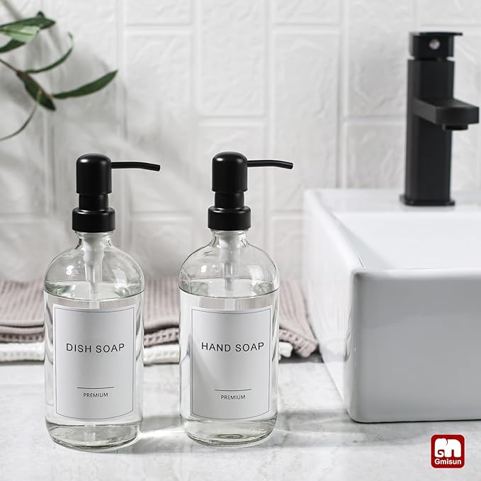 GMISUN Glass Soap Dispenser with Pump, 2 Pack Clear Bathroom Hand Soap Dispenser with Stainless Steel Pump, 16 Oz Refillable Kitchen Hand and Dish Soap Dispensers Set, Modern Liquid Pump Bottles - Image 4