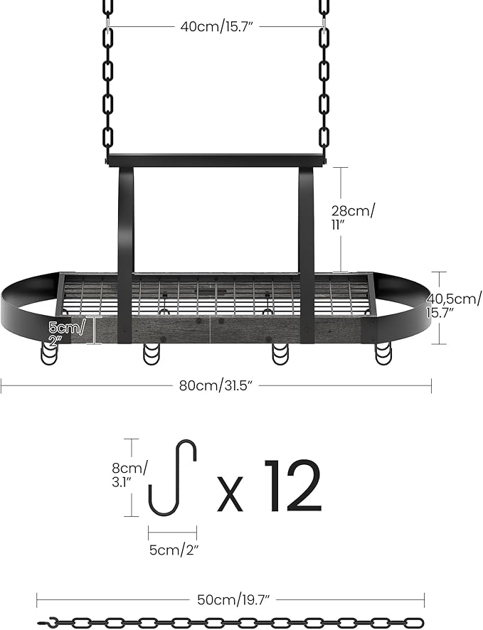 CHOEZON Hanging Pot Rack, Pot Hanger for Kitchen, Ceiling Mounted Pot Holder, Cookware Organizer with 12 S-Shaped Hooks, for Pot, Pan Storage, Space-Saving, Charcoal Black and Black TPR08BCC1 - Image 4