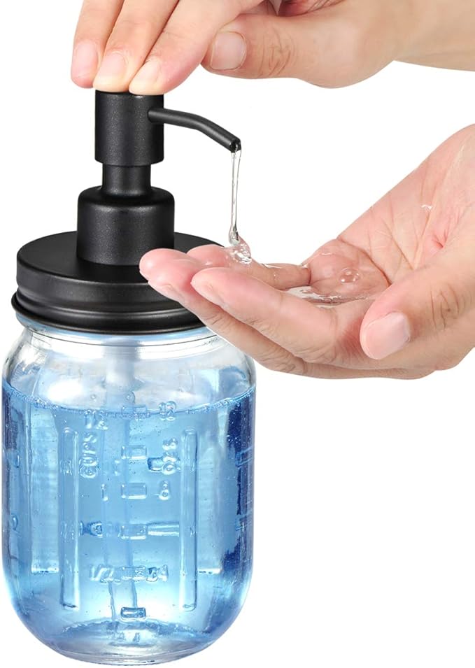 Amolliar Mason Jar Liquid Soap Dispenser, 16OZ Refillable Glass Soap Dispenser for Bathroom, Hand Soap, Dish Soap, Lotion Dispenser for Kitchen, Farmhouse Decor, Soap Pump Bottle, Black 2 Pack - Image 4
