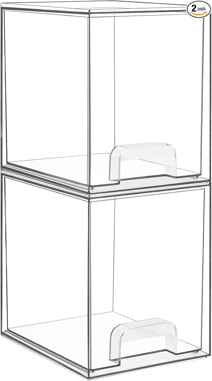 Vtopmart 7.6" H Clear Stackable Storage Drawers, 2 Pack Plastic Organizers Bins for Skincare, Cosmetics,Beauty Supplies,Ideal for Vanity, Bathroom,Kitchen Countertop,Cabinet Organization by Vtopmart