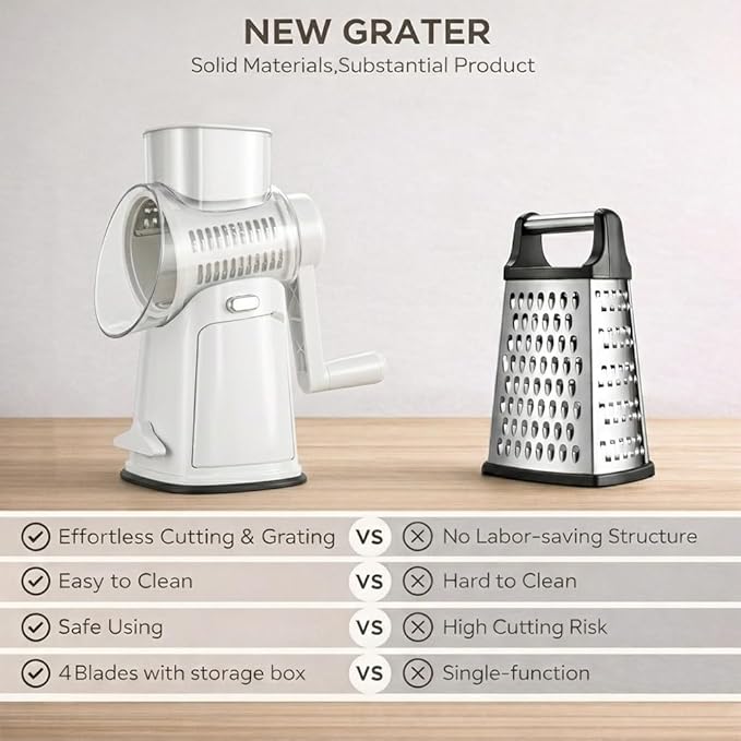 Rotary Cheese Grater Hand Crank, 10-Blade Shredder with Handle, Vegetable Slicer Mandoline Food Chopper, Strong Suction Base Kitchen Gadget for Cheese Vegetables Nuts – White
