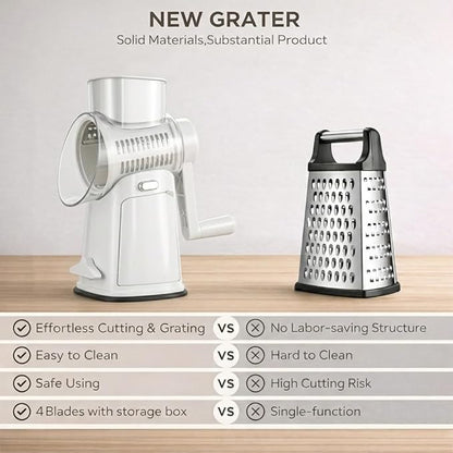 Rotary Cheese Grater Hand Crank, 10-Blade Shredder with Handle, Vegetable Slicer Mandoline Food Chopper, Strong Suction Base Kitchen Gadget for Cheese Vegetables Nuts – White