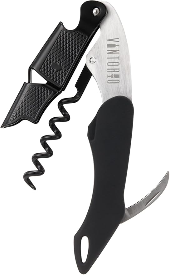 Vintorio Professional Waiters Corkscrew - Wine Key with Ergonomic Rubber Grip, Beer Bottle Opener and Foil Cutter (1 Pack) by Vintorio