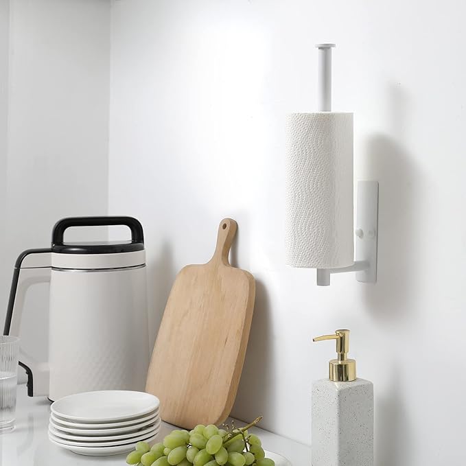 theaoo White Paper Towel Holder - Under Cabinet Paper Towel Holder for Kitchen, Adhesive Paper Towel Roll Rack for Bathroom Towel, Wall Mounted Matte Black Paper Towel Rack, SUS304 Stainless Steel - Image 3