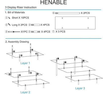 HENABLE 2PCS Acrylic Display Risers, 3 Tier Clear Cupcake Stand Risers, Organizer for Perfume, Funko POP, Food, Tabletop Use