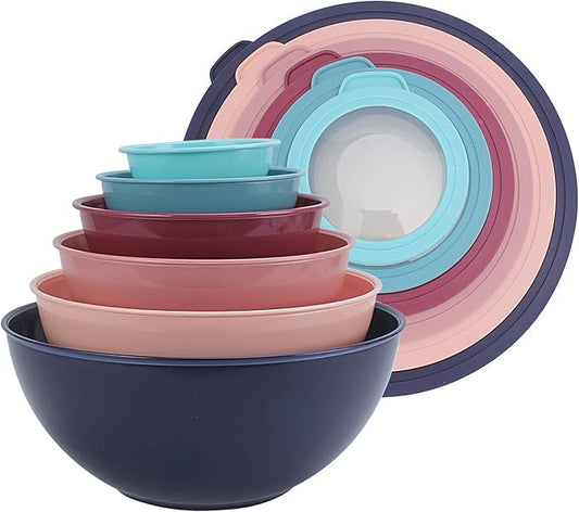 COOK WITH COLOR Mixing Bowls with TPR Lids - 12 Piece Plastic Nesting Bowls Set includes 6 Prep Bowls and 6 Lids, Microwave Safe Mixing Bowl Set (Multicolored Set with Large Blue Bowl) by CookwithColor