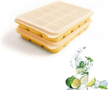 Tvmania Ice Cube Trays Set of 2, Easy Release 15 Flexible Silicone Ice Cube Molds with Removable Lid Reusable Freezer Ice Trays Stackable for Whiskey, Baby Food, BPA Free (yellow) by Tvmania